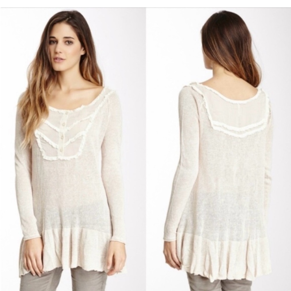 Free People Candy Yoke Linen Peplum Pullover Cream Sz M Tunic Top Anthropologie
